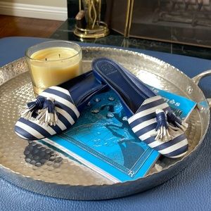 Tory Burch Navy and White Striped Slides with Tassel Size 9